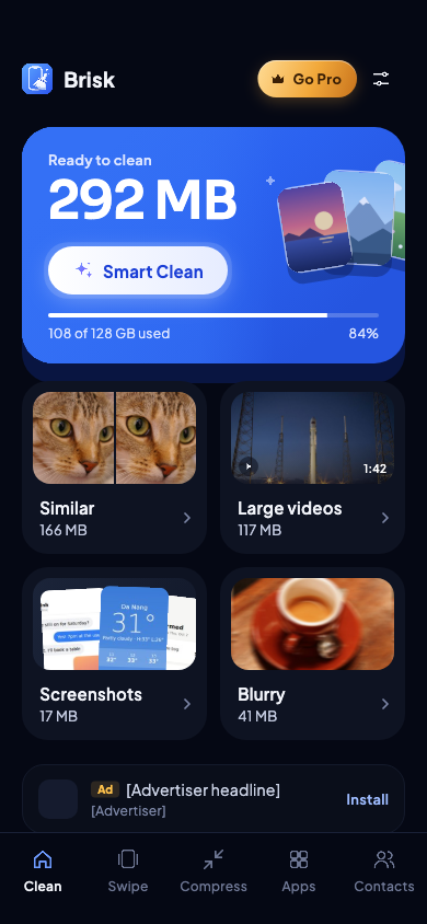 Brisk interface with tools to review similar photos, large videos and blurry images