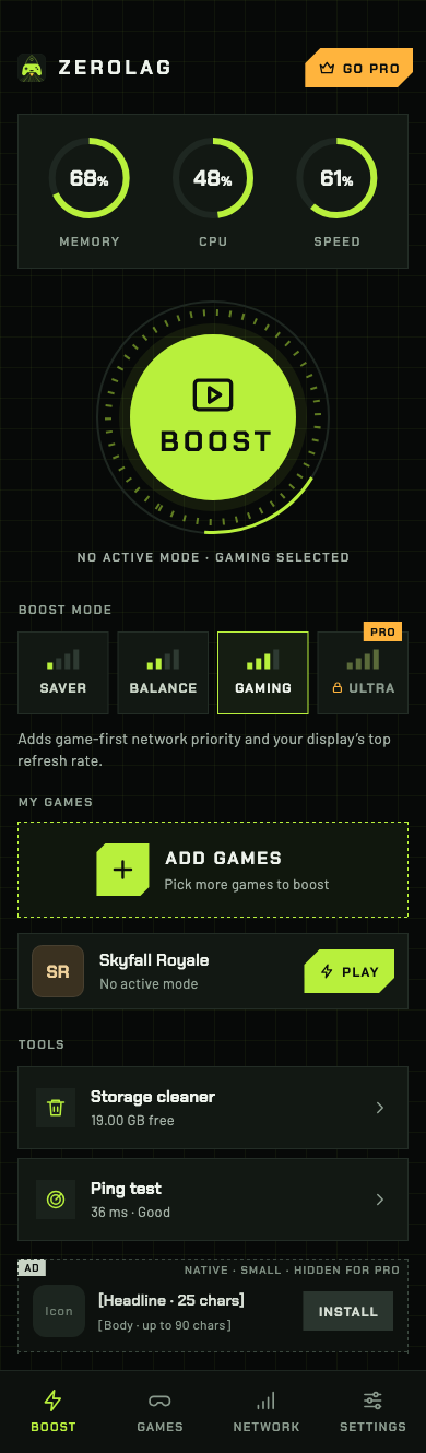 ZeroLag interface showing game modes and device information